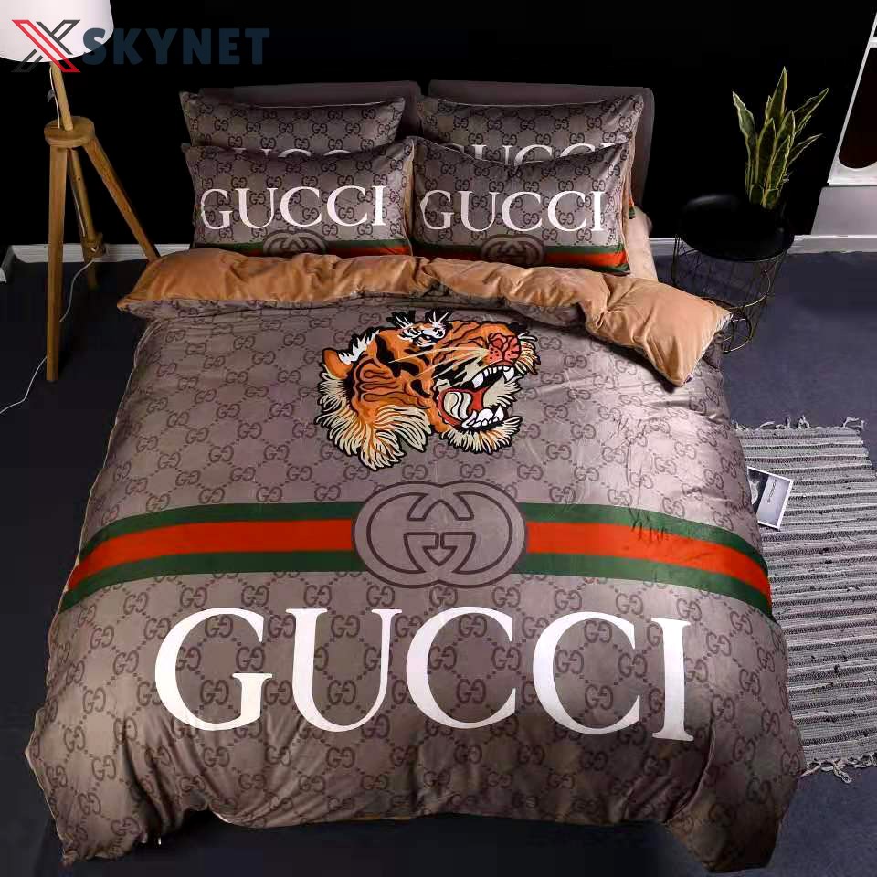 Gucci tiger luxury logo fashion brand premium bedding sets, bedroom decor , thanksgiving decorations for home Bedding Sets