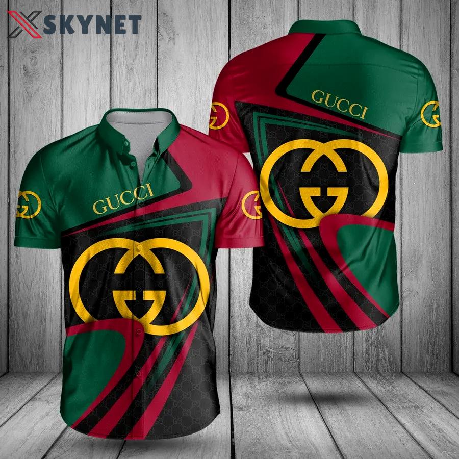 Gucci yellow logo green red luxury brand premium fashion hawaii shirt for men 24 Hawaii Shirt