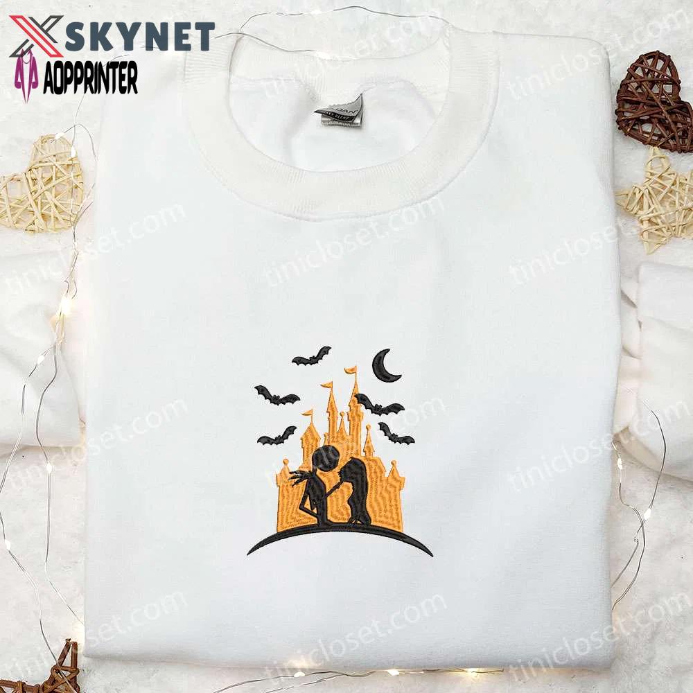 Halloween castle jack skellington & sally embroidered sweatshirt: nightmare before christmas hoodie perfect gift for halloween lovers Embroidered Shirt
