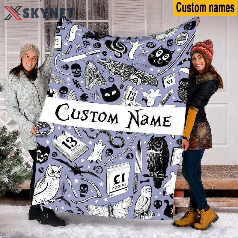 Halloween decorations custom name halloween fleece blanket, owl halloween mink blanket,  halloween pattern christmas gift,  sherpa blanket, friday the 13th Quilt Blanket