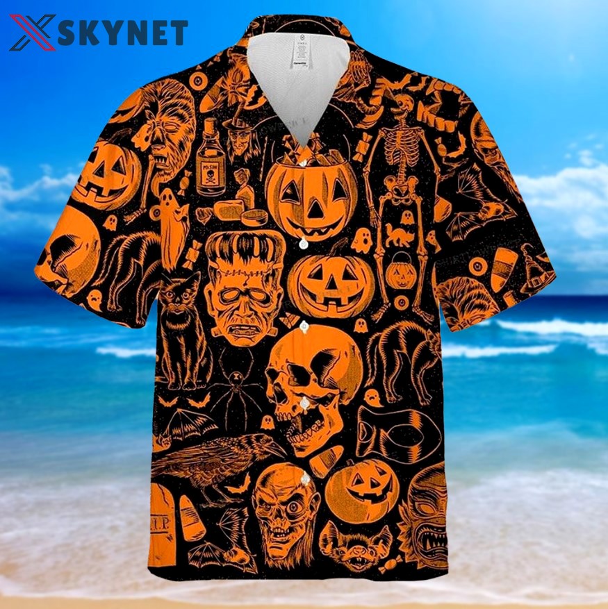 Halloween skull pumpkin lantern black cat skeleton hawaiian shirt Hawaii Shirt Shorts & Flip Flops