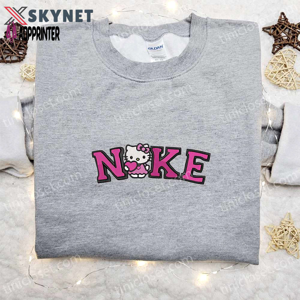 Hello kitty heart x nike embroidered tshirt – cute cartoon shirt with nike inspiration Embroidered Shirt