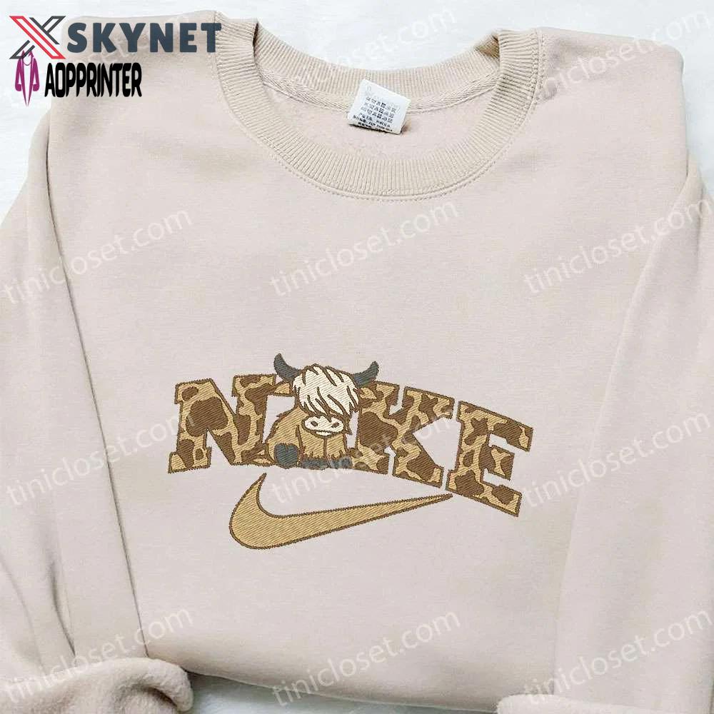 Highland cattle x nike animal embroidered shirt – unique nike inspired gift for family Embroidered Shirt