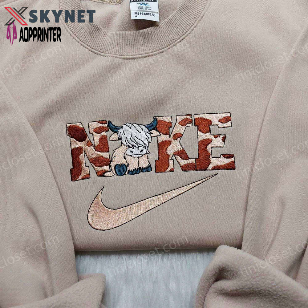 Highland cow nike embroidered shirt – trendy sweatshirt with custom nike style Embroidered Shirt