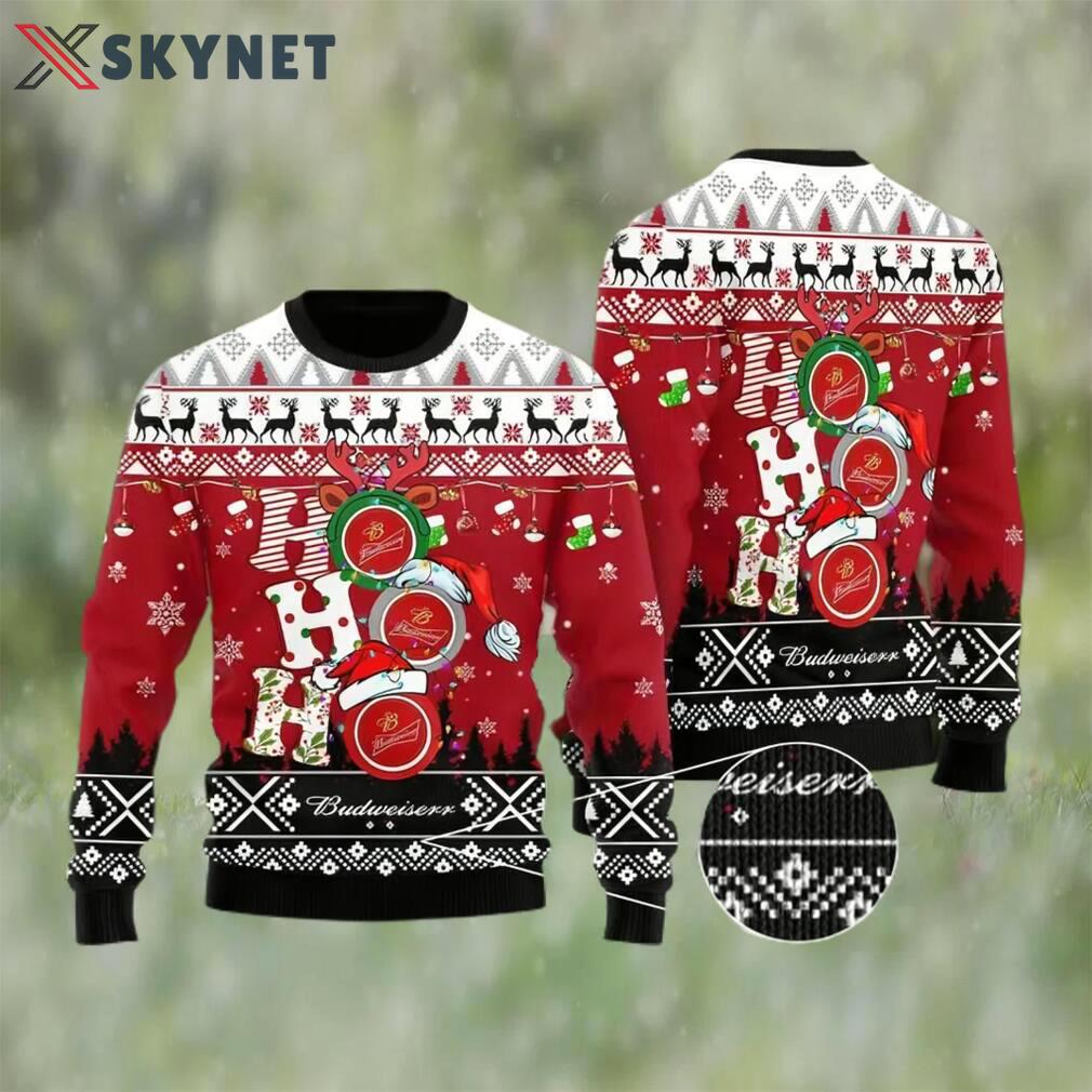Hohoho budweiser beer ugly christmas sweater, faux wool sweater, gifts for beer lovers, international beer day, best christmas gifts for 2022 ? prinvity Christmas Ugly Sweater