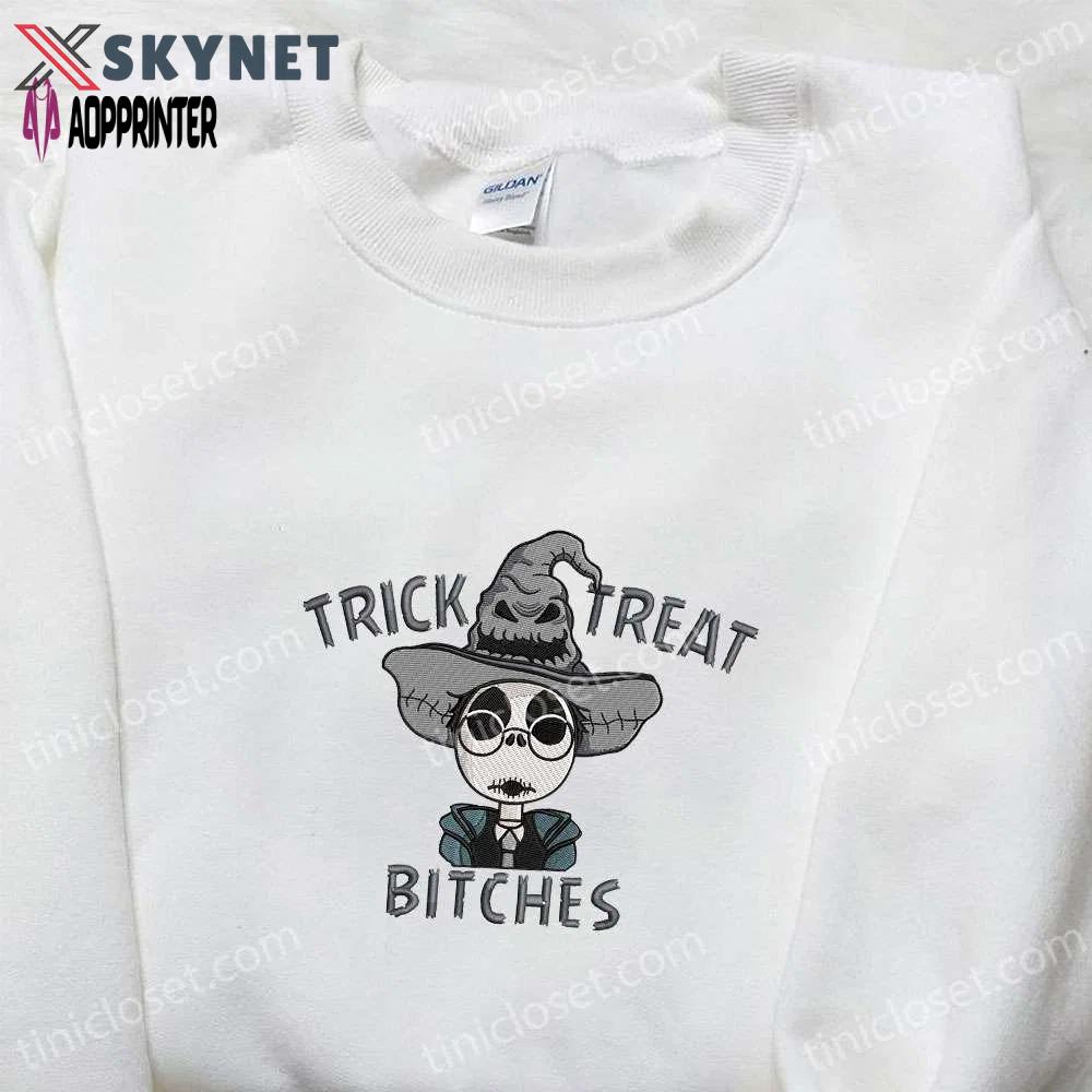 Jack skellington x harry potter trick treat embroidered shirt: funny & spirit halloween tee Embroidered Shirt