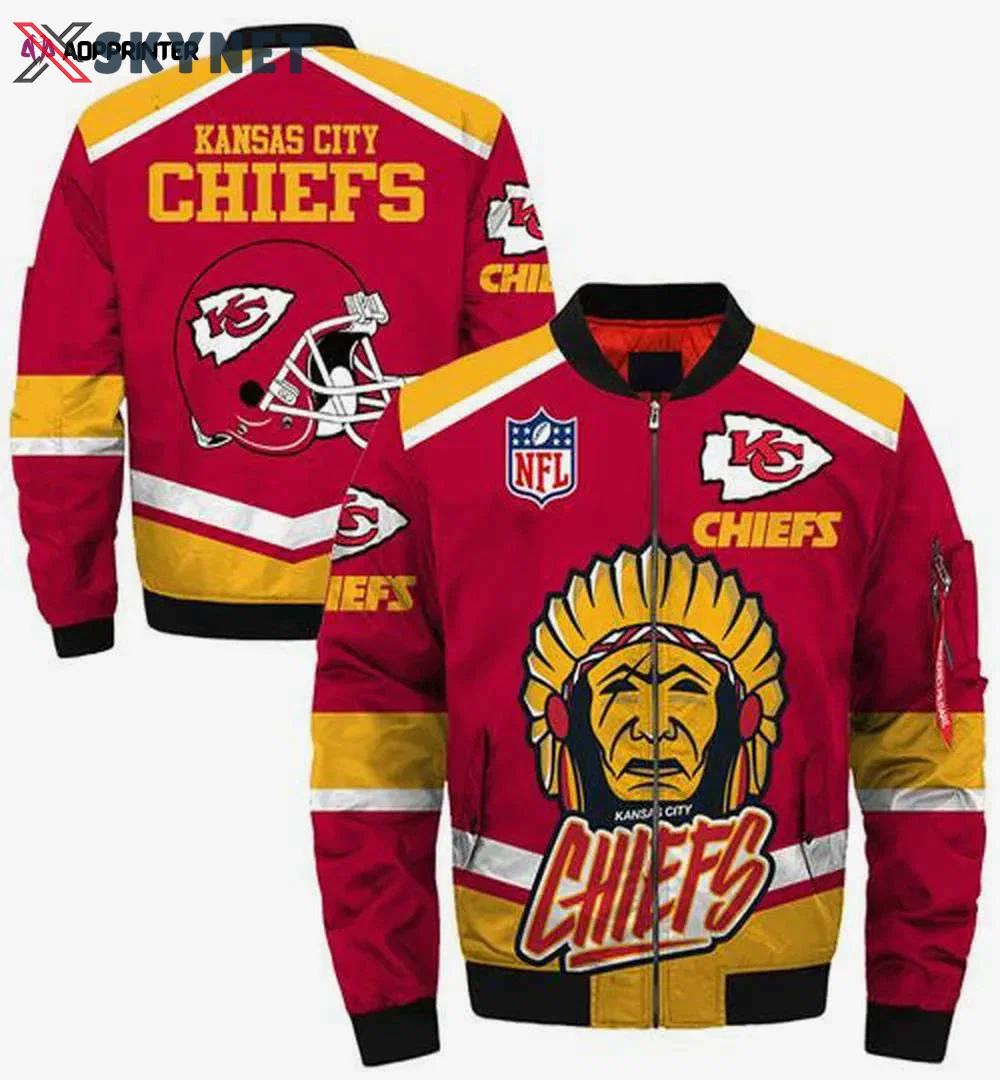 Kansas city chiefs helmet and chieftain pattern bomber jacket – red yellow Bomber Jacket