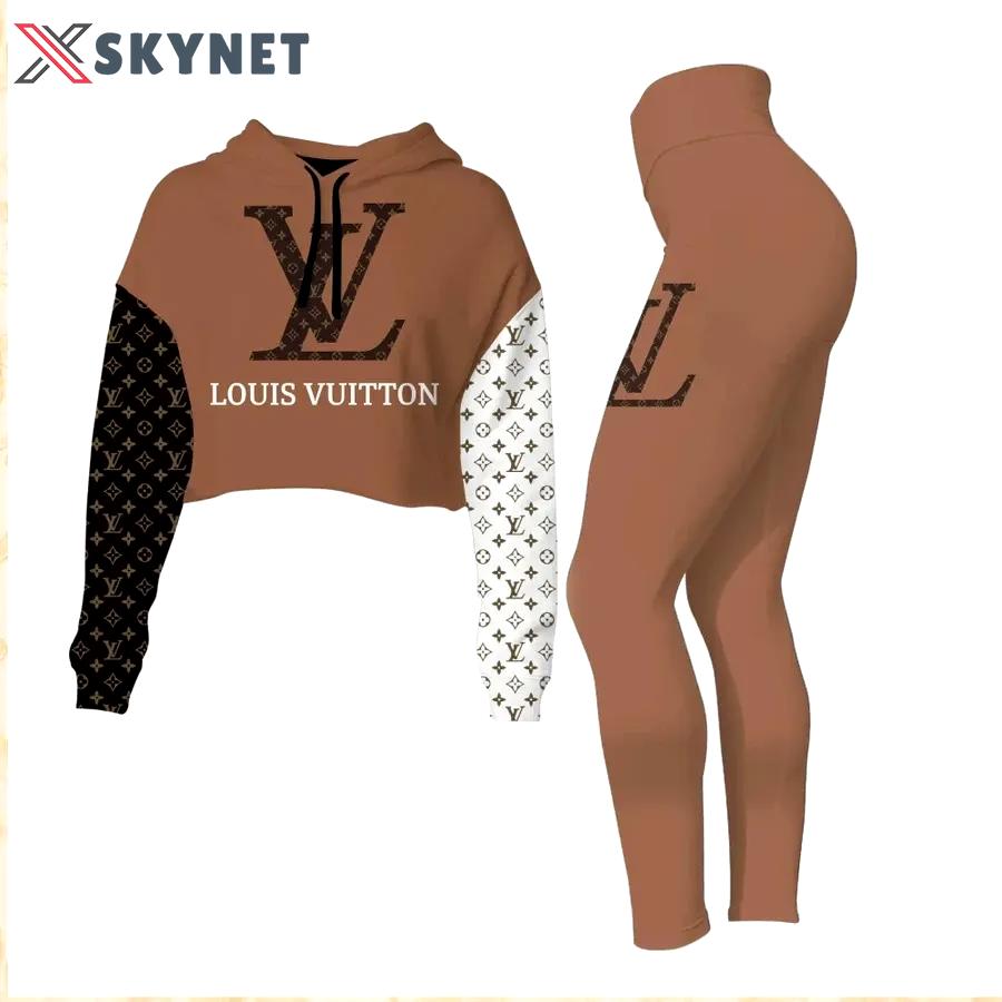 Louis vuitton brown luxury brand clothes premium leggings and crop top set for women Croptop Hoodie Legging Set