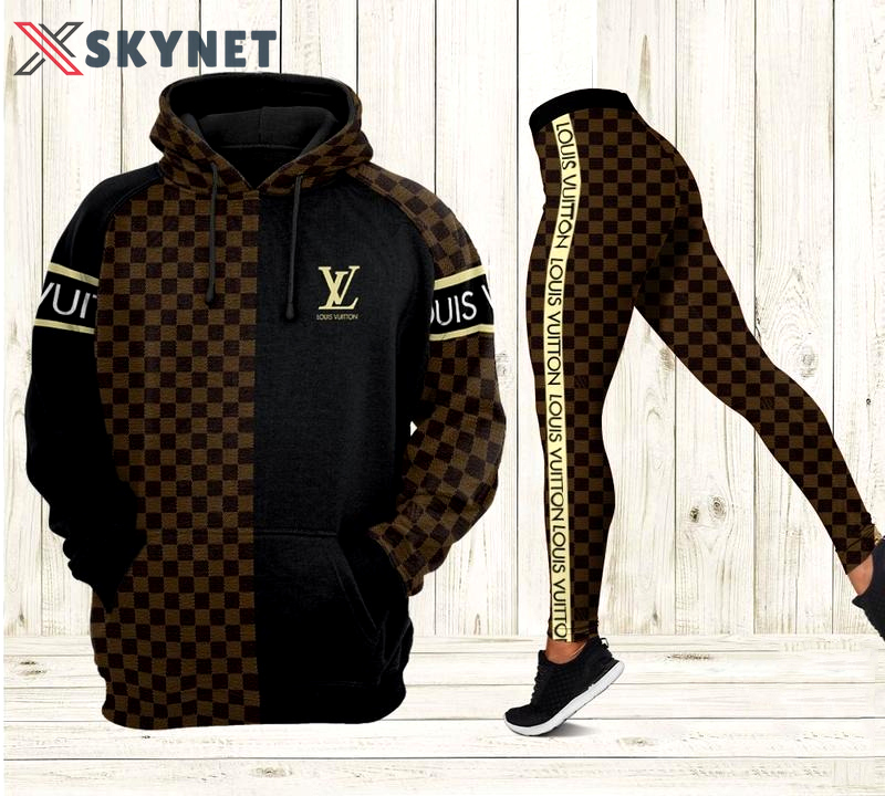 Louis vuitton luxury brand brown chess pattern 3d hoodie leggings set lv gift 168 hcst 33 Hoodie Leggings Set