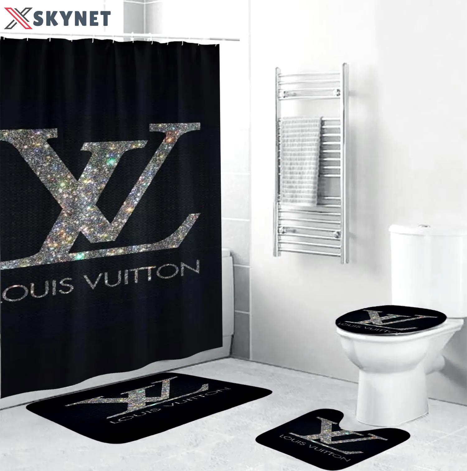 Louis vuitton lv louis vuitton glitterin black background home decor bath mat hypebeast bathroom sets luxury fashion brand Bathroom Set