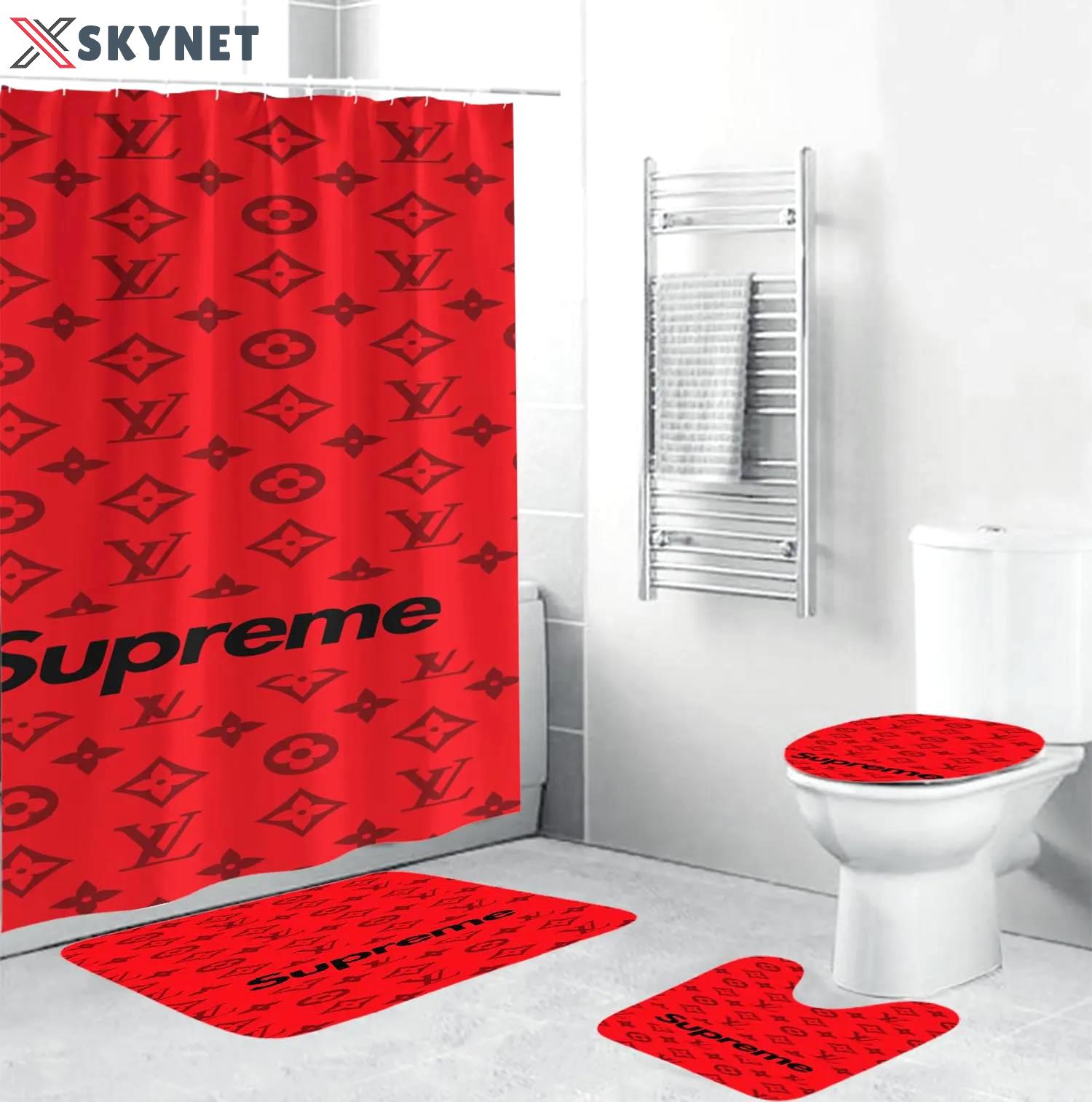 Louis vuitton lv louis vuitton supreme in red monogram background hypebeast bath mat luxury fashion brand bathroom sets home decor Bathroom Set