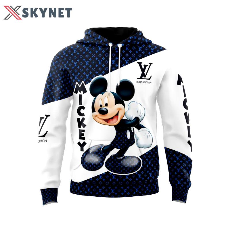 Louis vuitton mickey mouse blue logo black white unisex hoodie outfit for men women luxury brand clothing special gift Hoodie 3D