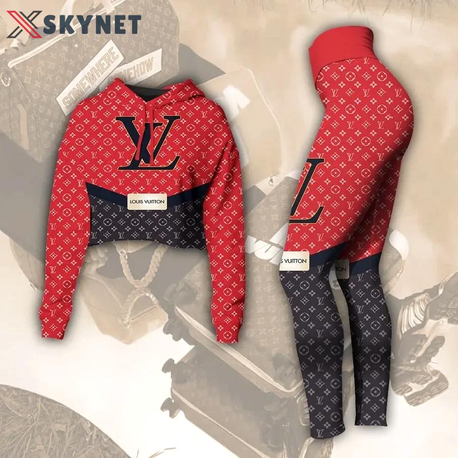 Louis vuitton reb black luxury brand clothes leggings and crop top set for women Croptop Hoodie Legging Set