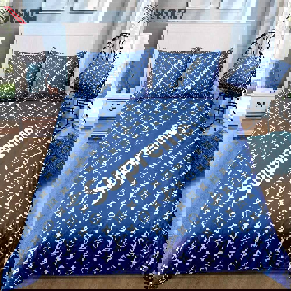 Louis vuitton supreme blue luxury premium bedding sets,bed sets, bedroom sets, comforter sets, duvet cover, bedspread Bedding Sets