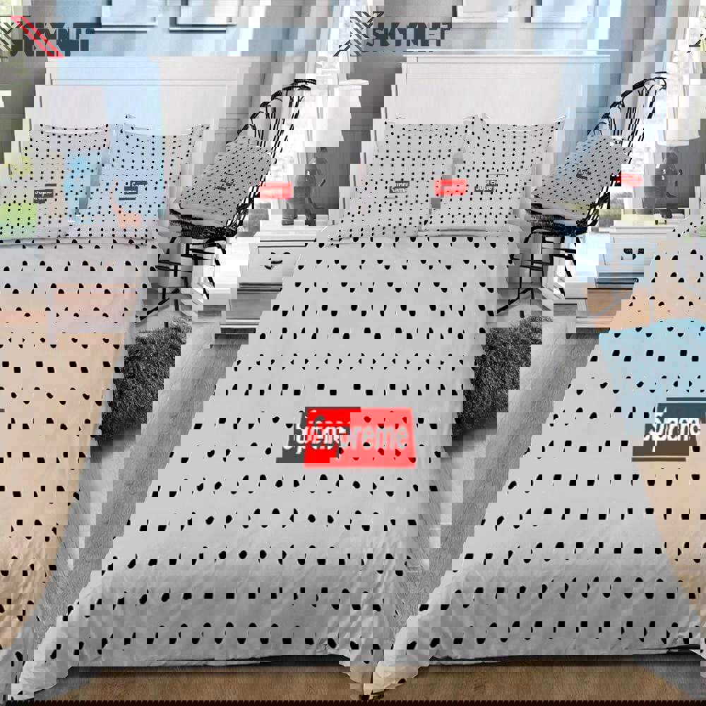 Louis vuitton supreme light grey luxury brand logo premium bedding sets,bed sets, bedroom sets, comforter sets, duvet cover, bedspread Bedding Sets
