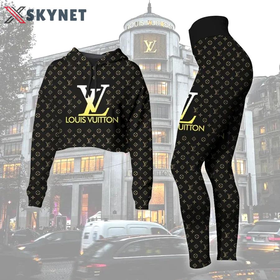 Louis vuitton yellow logo black luxury brand clothes premium leggings and crop top set for women Croptop Hoodie Legging Set
