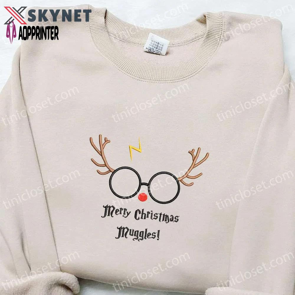 Merry christmas muggle harry potter reindeer shirt & hoodie – best family gifts Embroidered Shirt