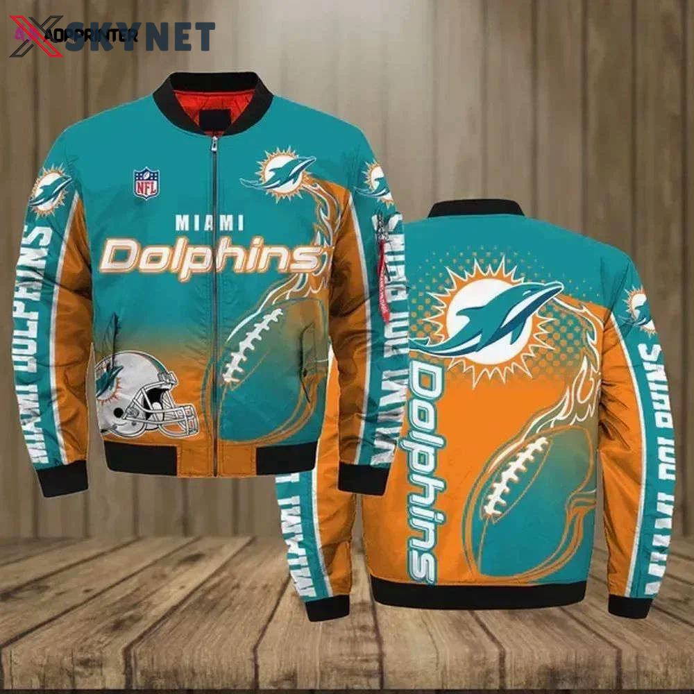 Miami dolphins pattern bomber jacket – orange and teal color Bomber Jacket