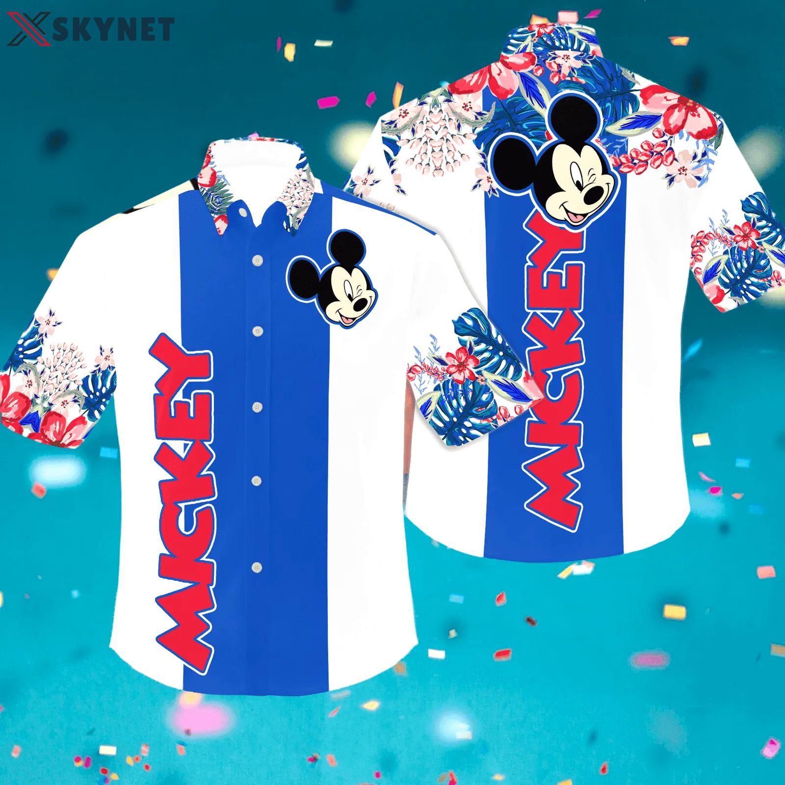 Mickey floral stripe disney hawaiian shirt white blue floral 01 Hawaii Shirt