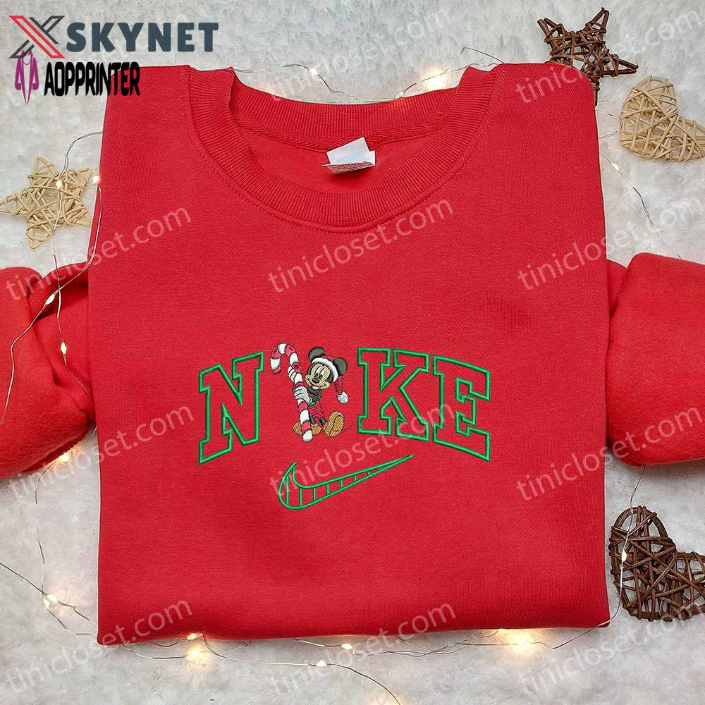 Mickey mouse candy cane xmas x nike embroidered tshirt: best christmas gift idea nike inspired shirt Embroidered Shirt