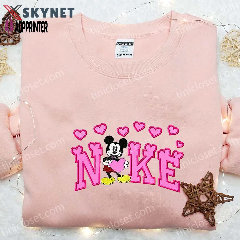 Mickey mouse heart x nike cartoon hoodie: best valentine s day gift with nike inspired embroidery Embroidered Shirt