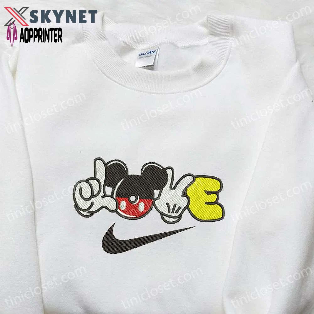 Mickey mouse love x nike embroidered hoodie & nike inspired shirt: best valentine s day gift ideas Embroidered Shirt
