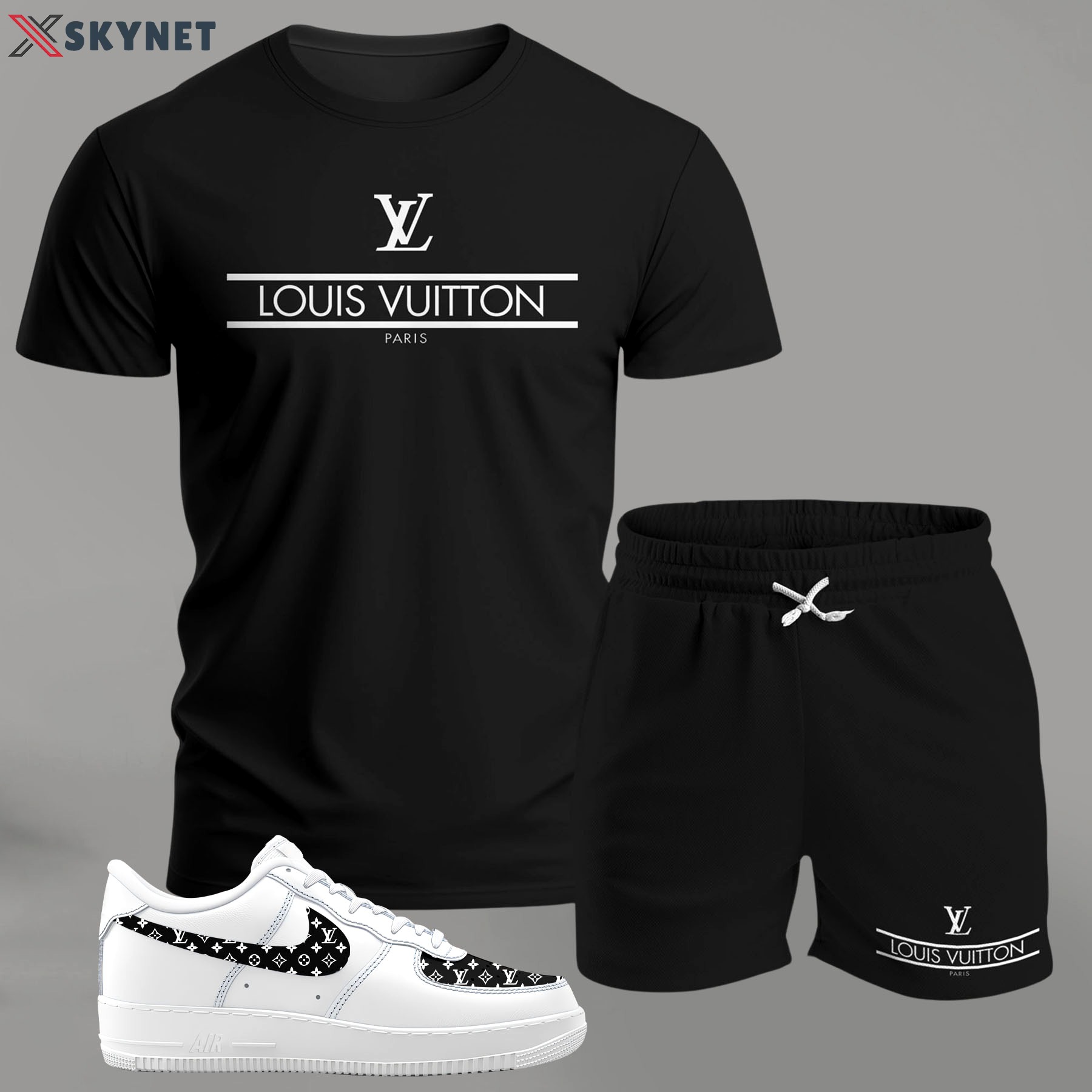 Minimal black logo set for men, clean typography t-shirt and shorts combo with monochrome sneakers T-Shirt Short Sneakers Set