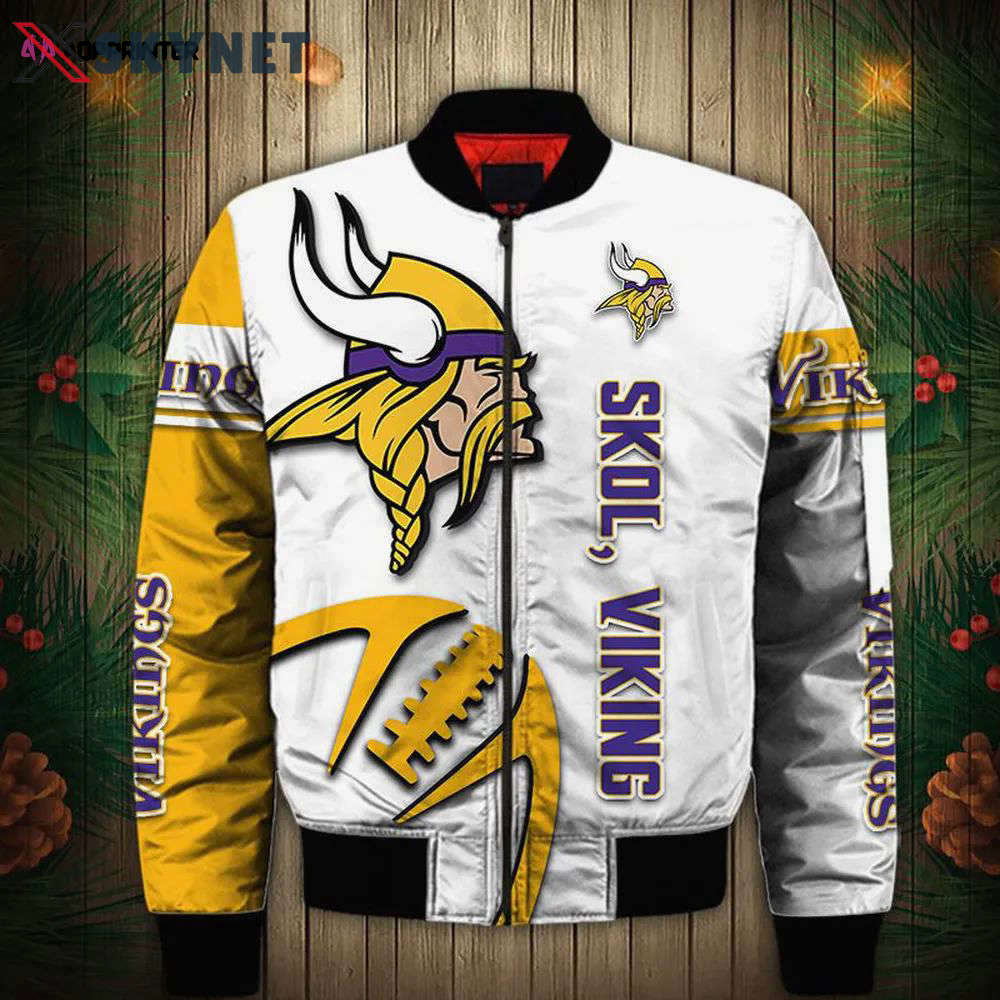 Minnesota vikings logo graphic ball pattern bomber jacket – white and yellow Bomber Jacket