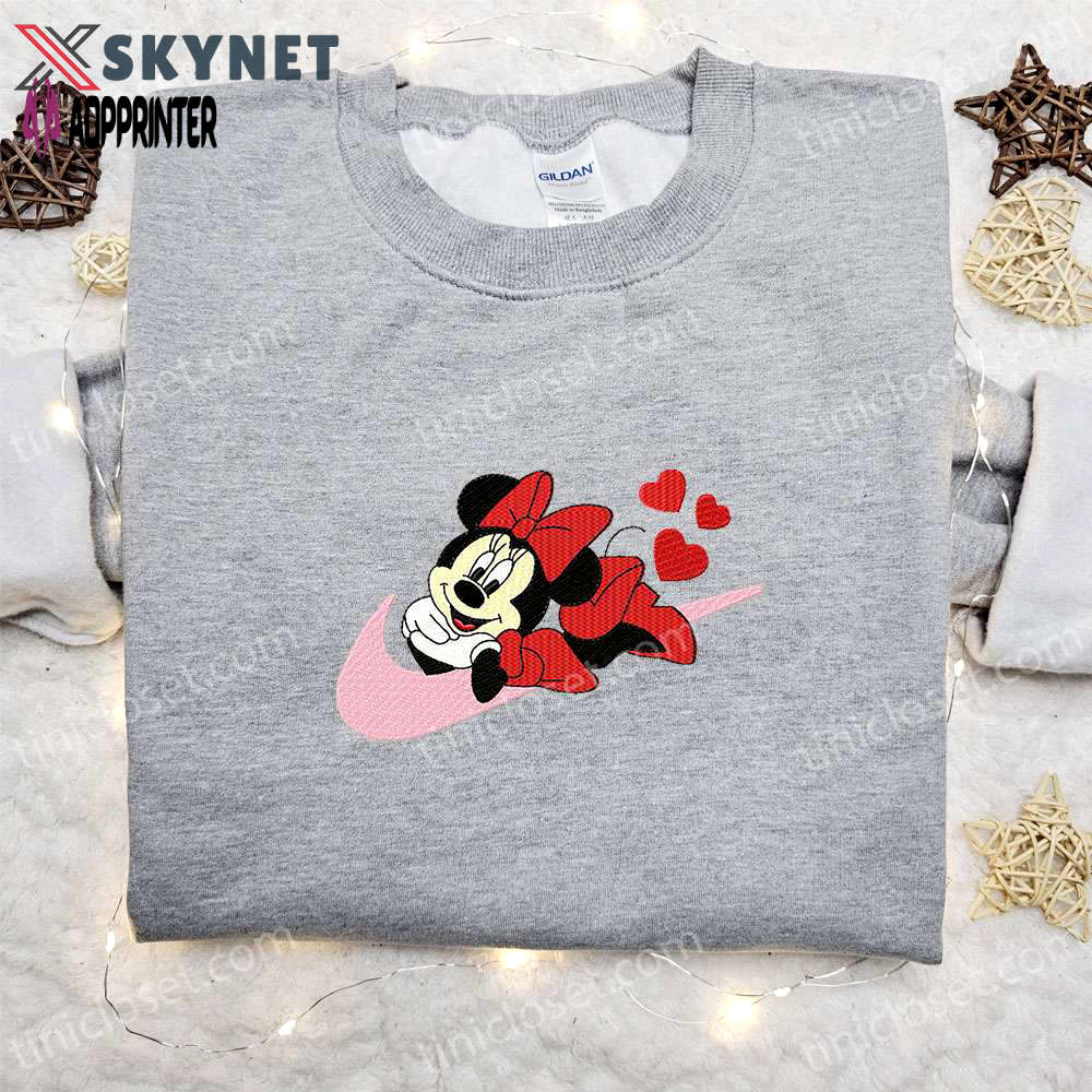 Minnie mouse x nike swoosh cartoon hoodie: best valentine’s day gift nike inspired shirt Embroidered Shirt