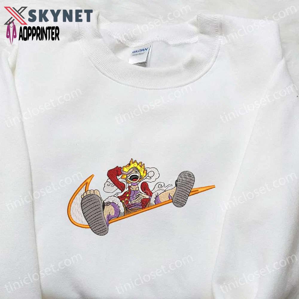 Monkey d luffy gear 5 x nike swoosh anime hoodie: one piece embroidered shirt nike inspired – shop now! Embroidered Shirt