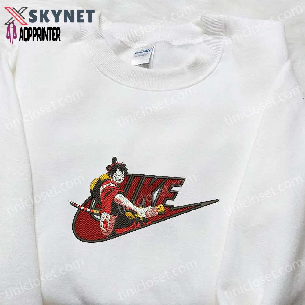Monkey d luffy wano arc x nike embroidered anime tshirt – one piece & nike inspired shirt Embroidered Shirt