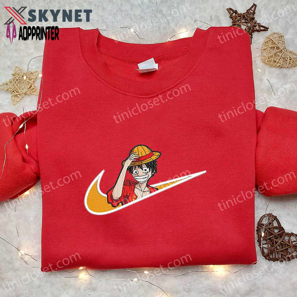 Monkey d luffy x nike anime embroidered sweatshirt: one piece straw hat shirt nike inspired Embroidered Shirt