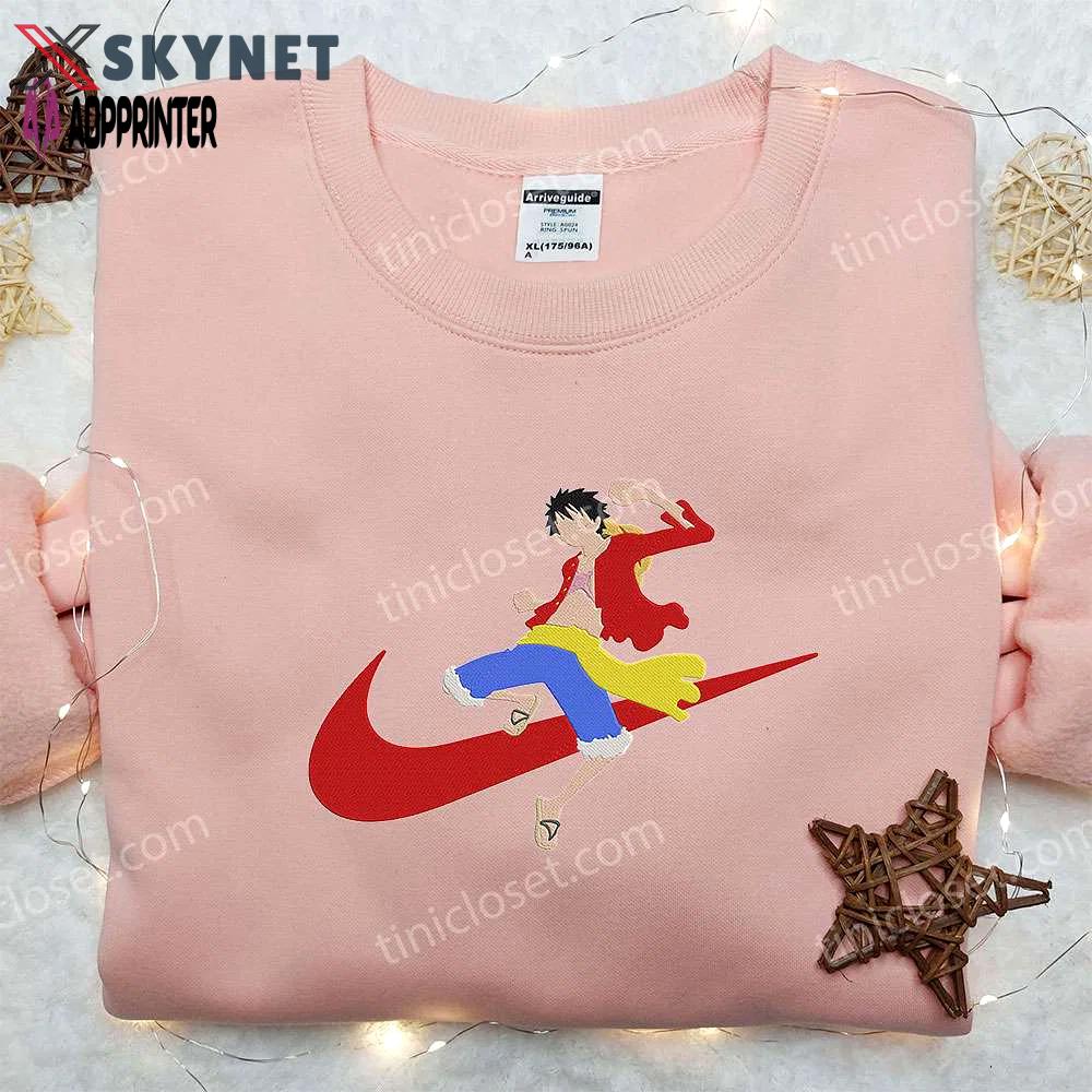 Monkey d luffy x nike swoosh anime embroidered hoodie & shirts – one piece & nike inspired attire Embroidered Shirt