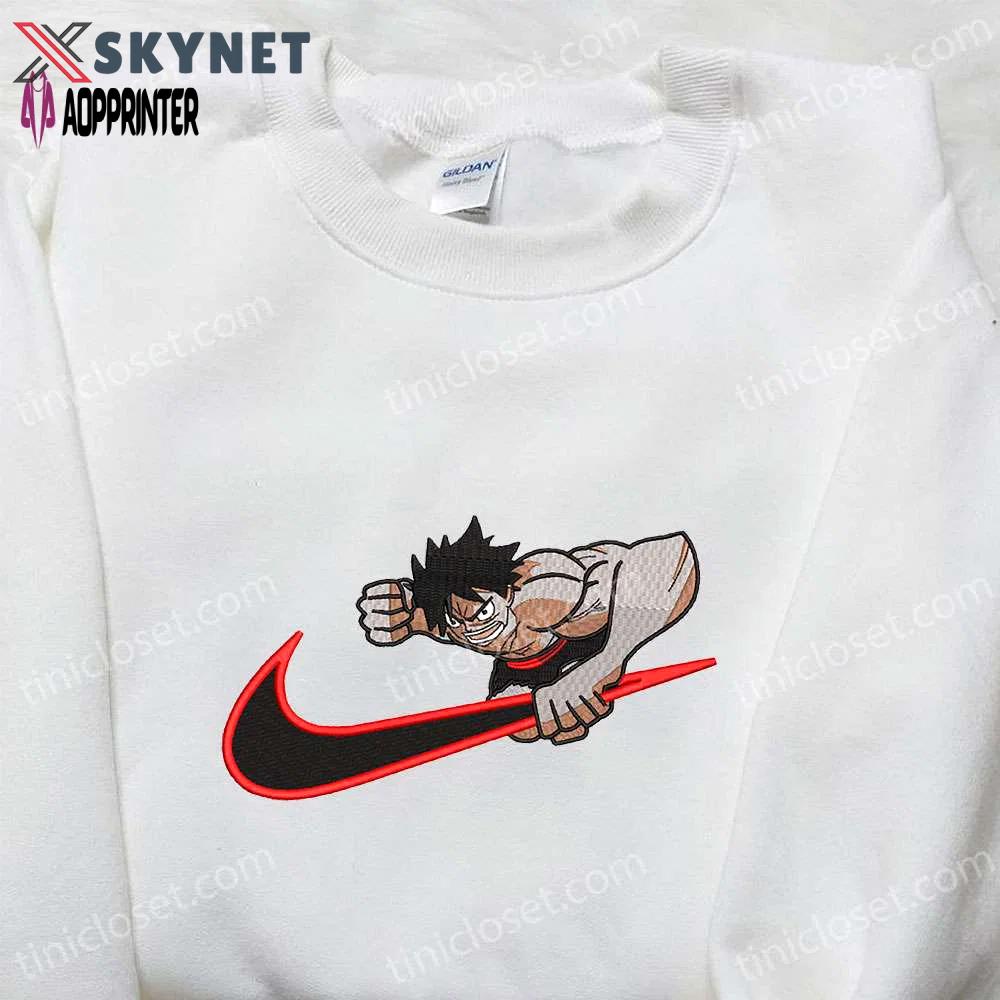 Monkey d luffy x nike swoosh anime embroidered sweatshirt one piece shirt Embroidered Shirt