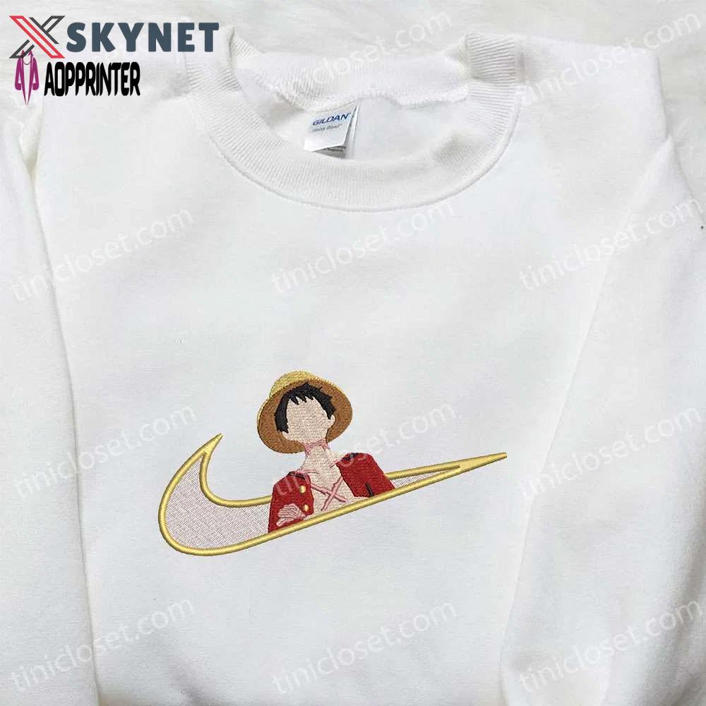Monkey d luffy x nike swoosh anime embroidered tshirt – one piece & nike inspired shirt Embroidered Shirt