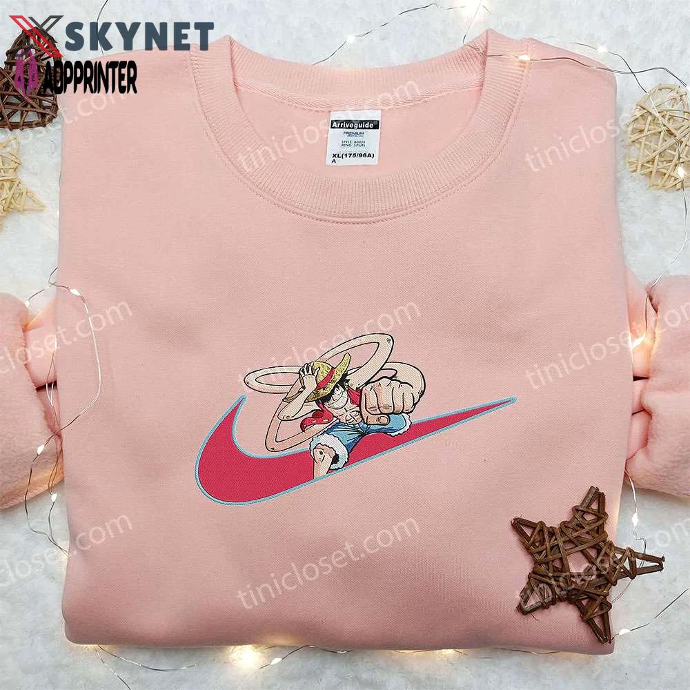 Monkey d luffy x nike swoosh anime hoodie: one piece embroidered shirt nike inspired – shop now! Embroidered Shirt
