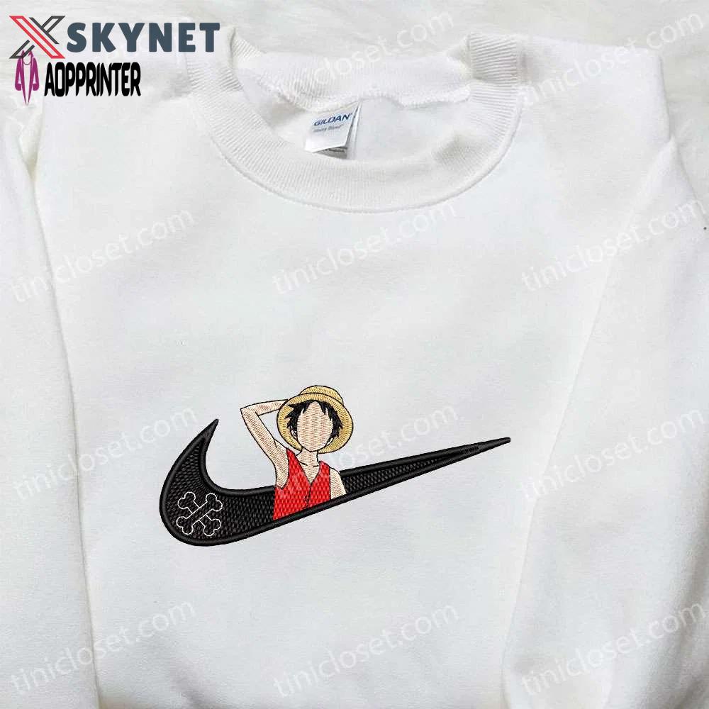 Monkey d luffy x nike swoosh embroidered anime tshirt – one piece & nike inspired shirt Embroidered Shirt