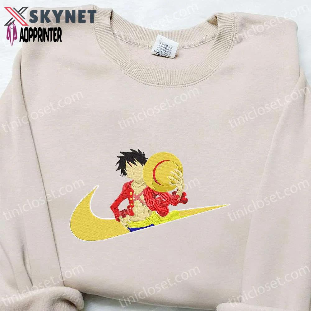 Monkey d luffy x swoosh anime embroidered sweatshirt: nike inspired hoodie perfect birthday gift Embroidered Shirt