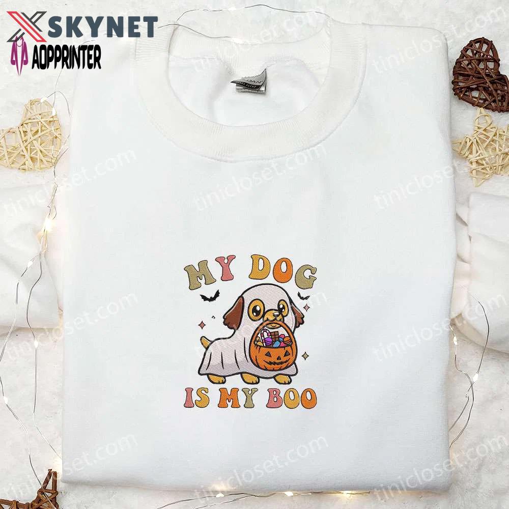 My dog is my boo shirt: kawaii ghost puppy happy halloween embroidered – best family halloween gift Embroidered Shirt