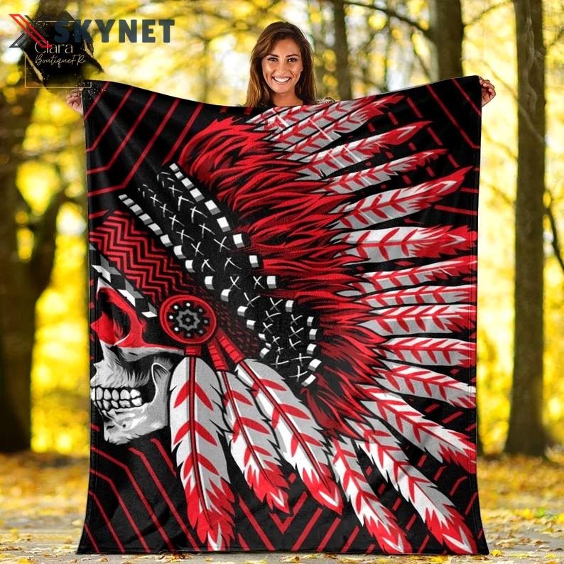 Native american indian skull red feather headdress fleece blanket, mink sherpa blanket, native american quilt, chief blanket Quilt Blanket