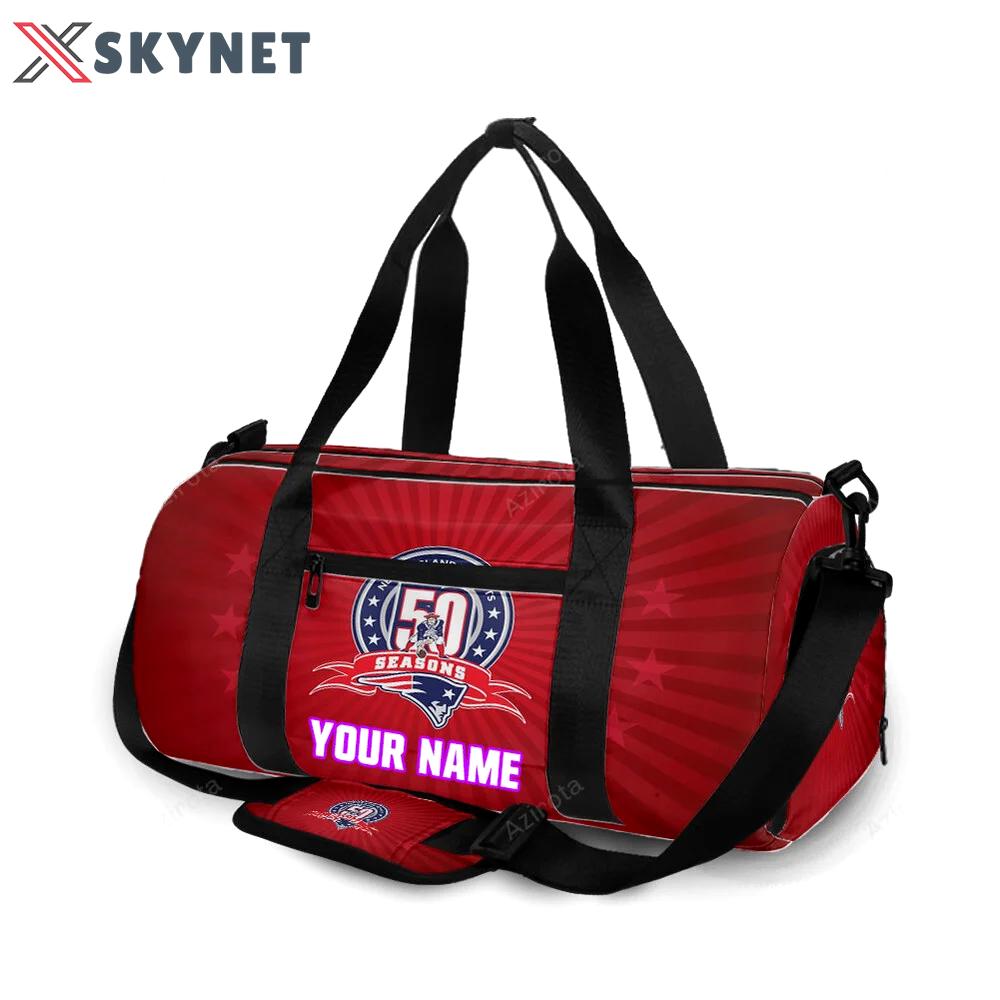 New england patriots 50 seasons red personalized name travel bag gym bag 1617 Travel Bag