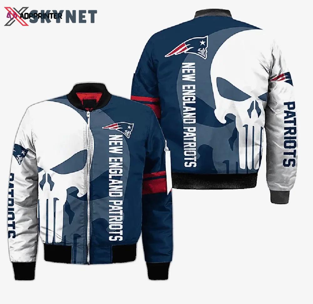 New england patriots text and skull pattern bomber jacket – blue white Bomber Jacket