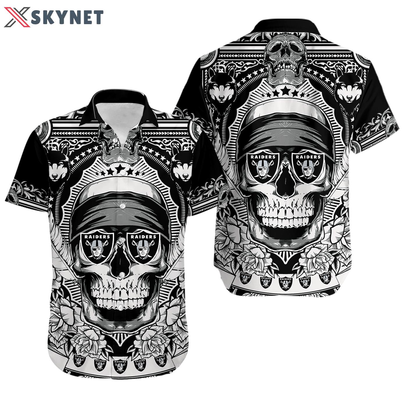 Nfl las vegas raiders skull black white hawaiian shirt Hawaii Shirt Shorts & Flip Flops