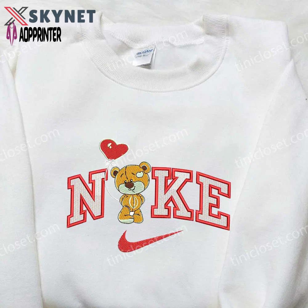 Nike bear balloon heart x swoosh embroidered shirt – cartoon design for a stylish look Embroidered Shirt