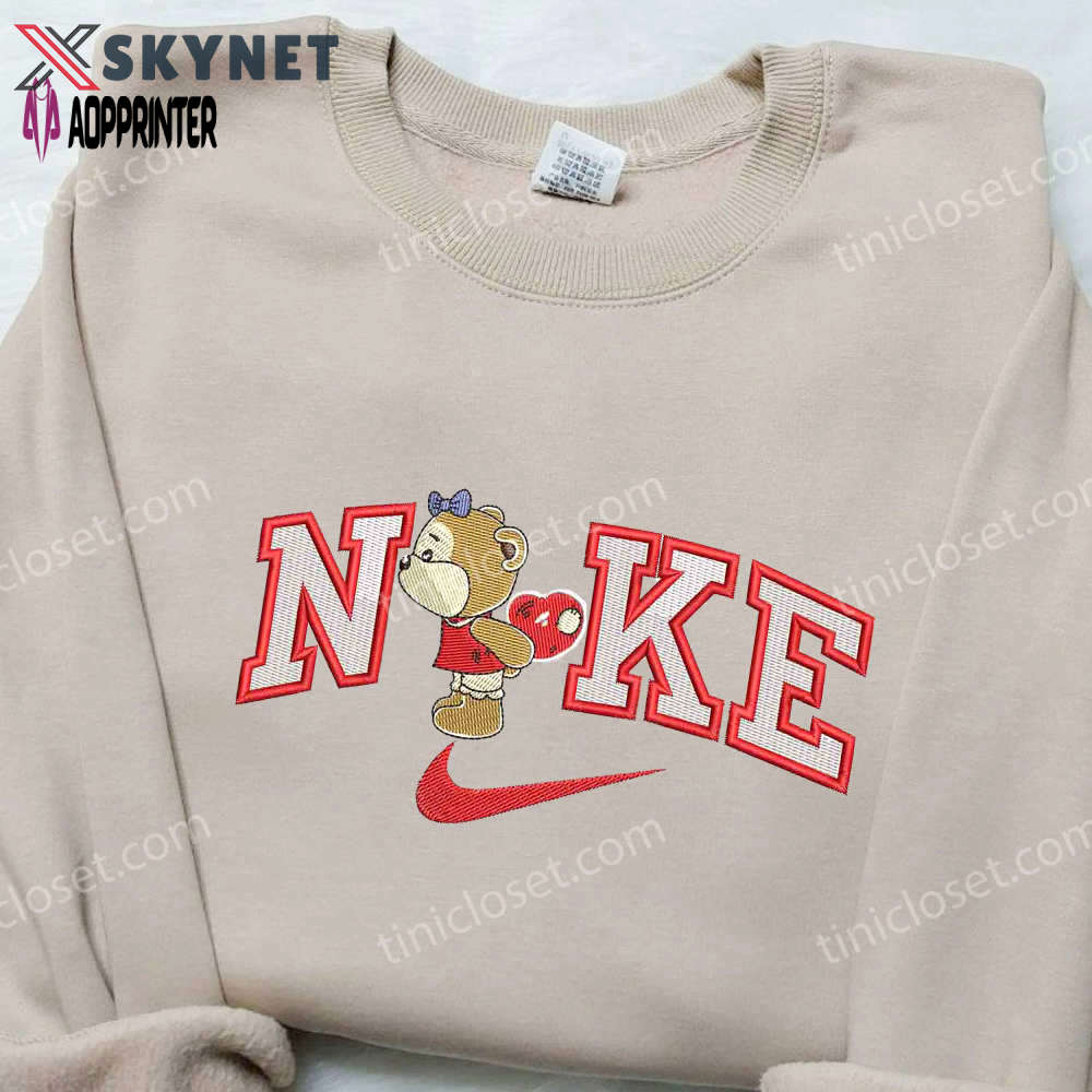 Nike embroidered shirt – bear bring heart x swoosh cartoon design Embroidered Shirt