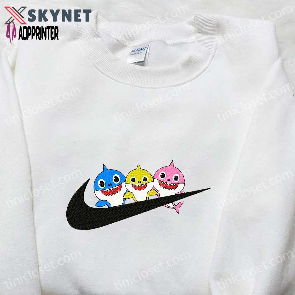 Nike inspired baby sharks embroidered shirt – perfect birthday gift with cartoon swoosh design Embroidered Shirt