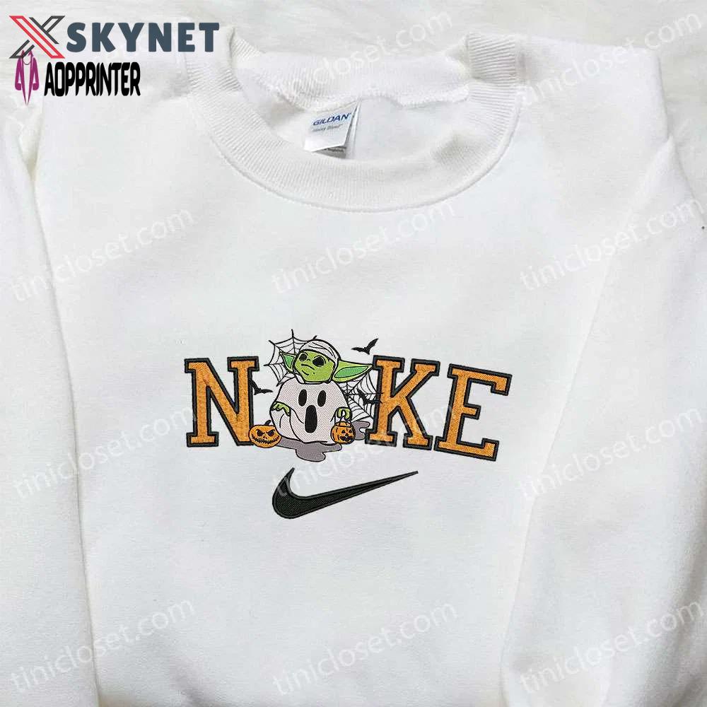 Nike x baby yoda halloween pumpkin embroidered shirt: spooky nike inspired halloween shirt Embroidered Shirt