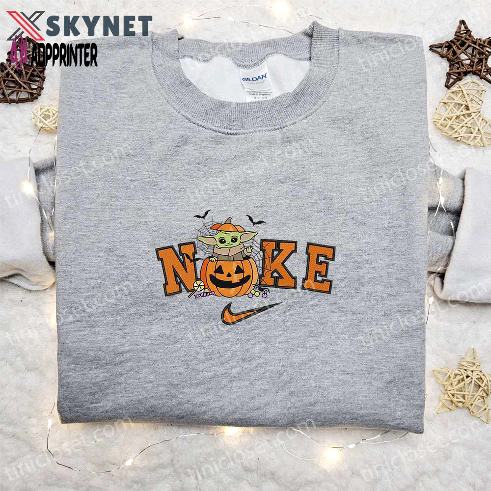 Nike x baby yoda pumpkin sweatshirt: halloween embroidered shirt best gift idea Embroidered Shirt
