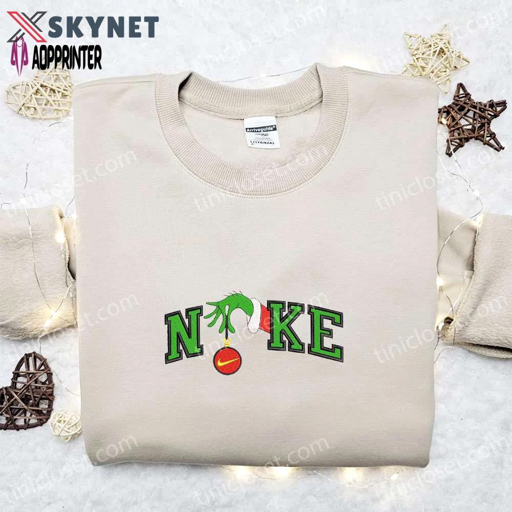 Nike x grinch hand embroidered sweatshirt disney embroidered shirt nike inspired t-shirt Embroidered Shirt