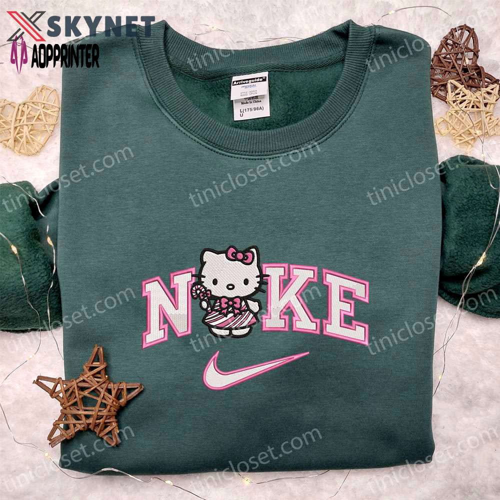 Nike x hello kitty pink candy cane shirt & hoodie: cartoon embroidery for christmas gift ideas Embroidered Shirt